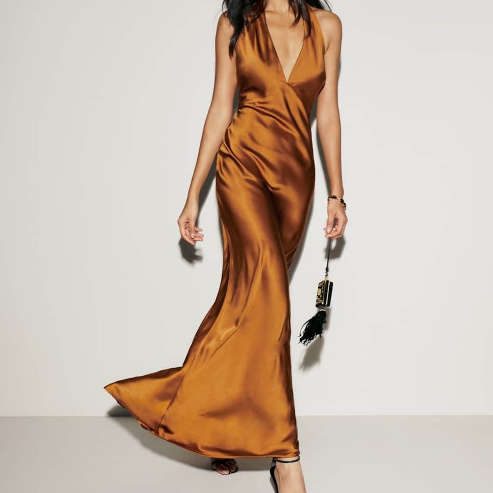 Reformation Daniela 100% silk copper maxi halter gown dress wedding fall size 8